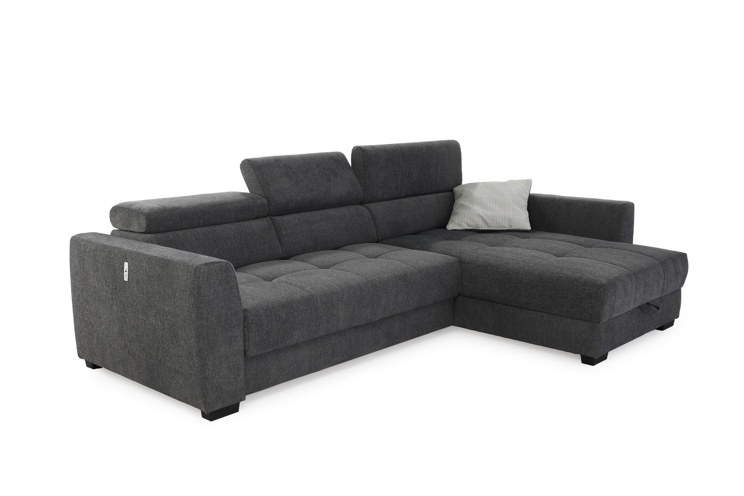 ECKSOFA mit elektrischer Sitztiefenverstellung, Kopflehnen verstellbar, USB-Ladefunktion, Bettkasten B300/T196/H103 cm, Chenille Dunkelgrau / 15409 - Dunkelgrau/Schwarz, Kunststoff/Textil (300/196cm) - luma-home
