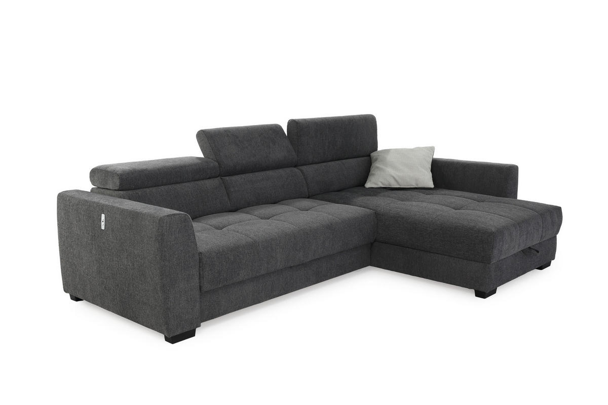 ECKSOFA mit elektrischer Sitztiefenverstellung, Kopflehnen verstellbar, USB-Ladefunktion, Bettkasten B300/T196/H103 cm, Chenille Dunkelgrau / 15409 - Dunkelgrau/Schwarz, Kunststoff/Textil (300/196cm) - luma-home