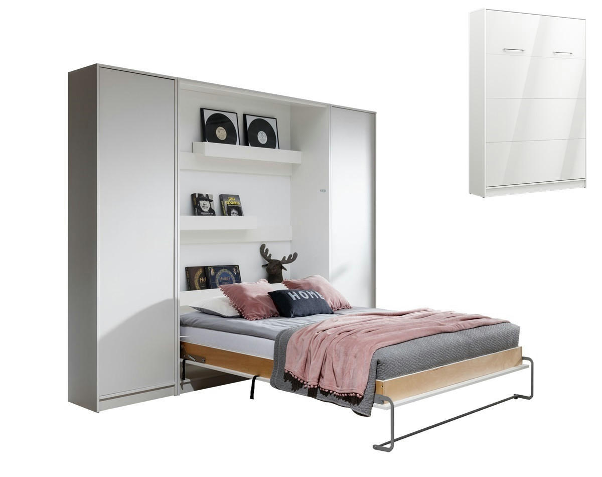 SCHRANKBETT Wandklappbett vetikal VB140x200 mit 2 Schränken - 3-tlg. - Weiß-Hochglanz - Weiß Hochglanz, Holzwerkstoff (140/200cm) - QMM TraumMöbel