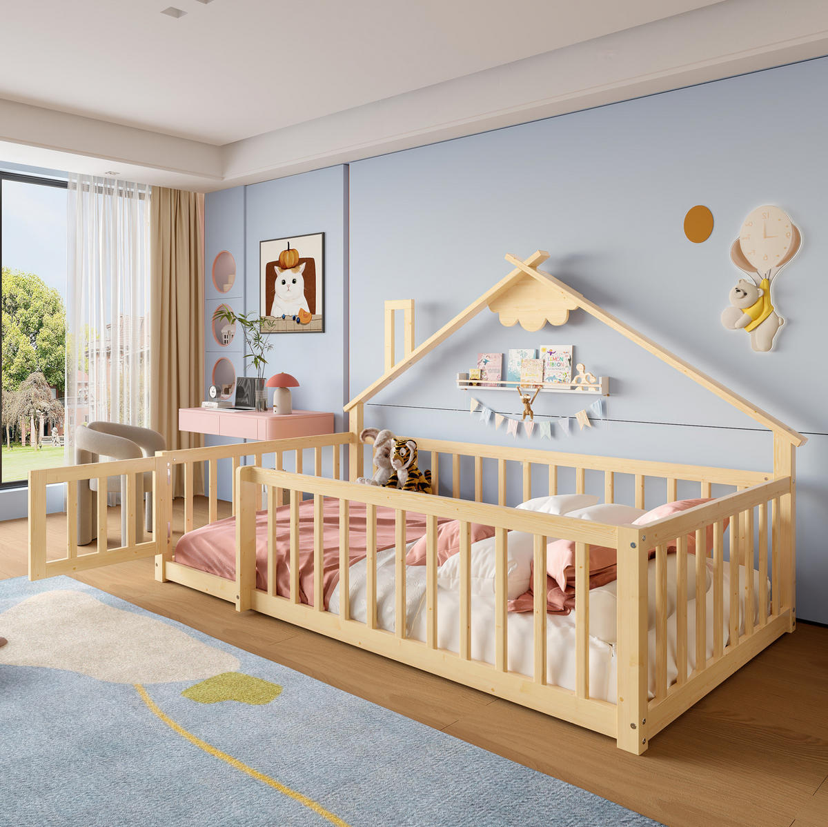 FLACHBETT 90/190 cm Natur Kiefernholz mit Geländer und Schloss - Naturfarben, Holz (90/190cm) - OKWISH