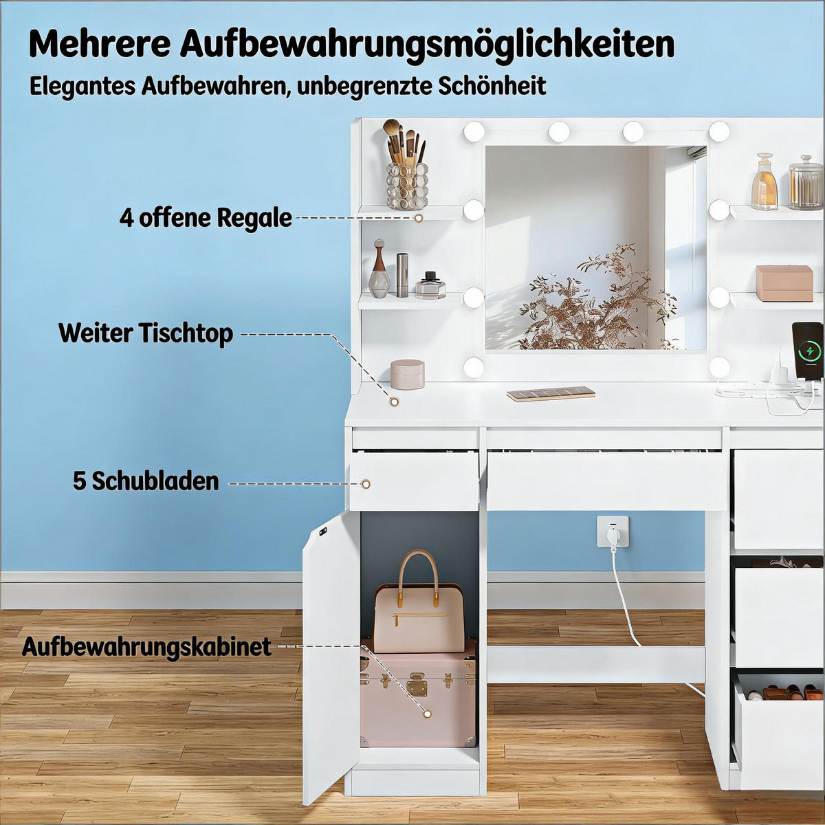 SCHMINKTISCH,BÜROTISCH mit verschiedenen Speicher Space,110*140*40 - Weiß, Glas (40/140/110cm) - Vallsero