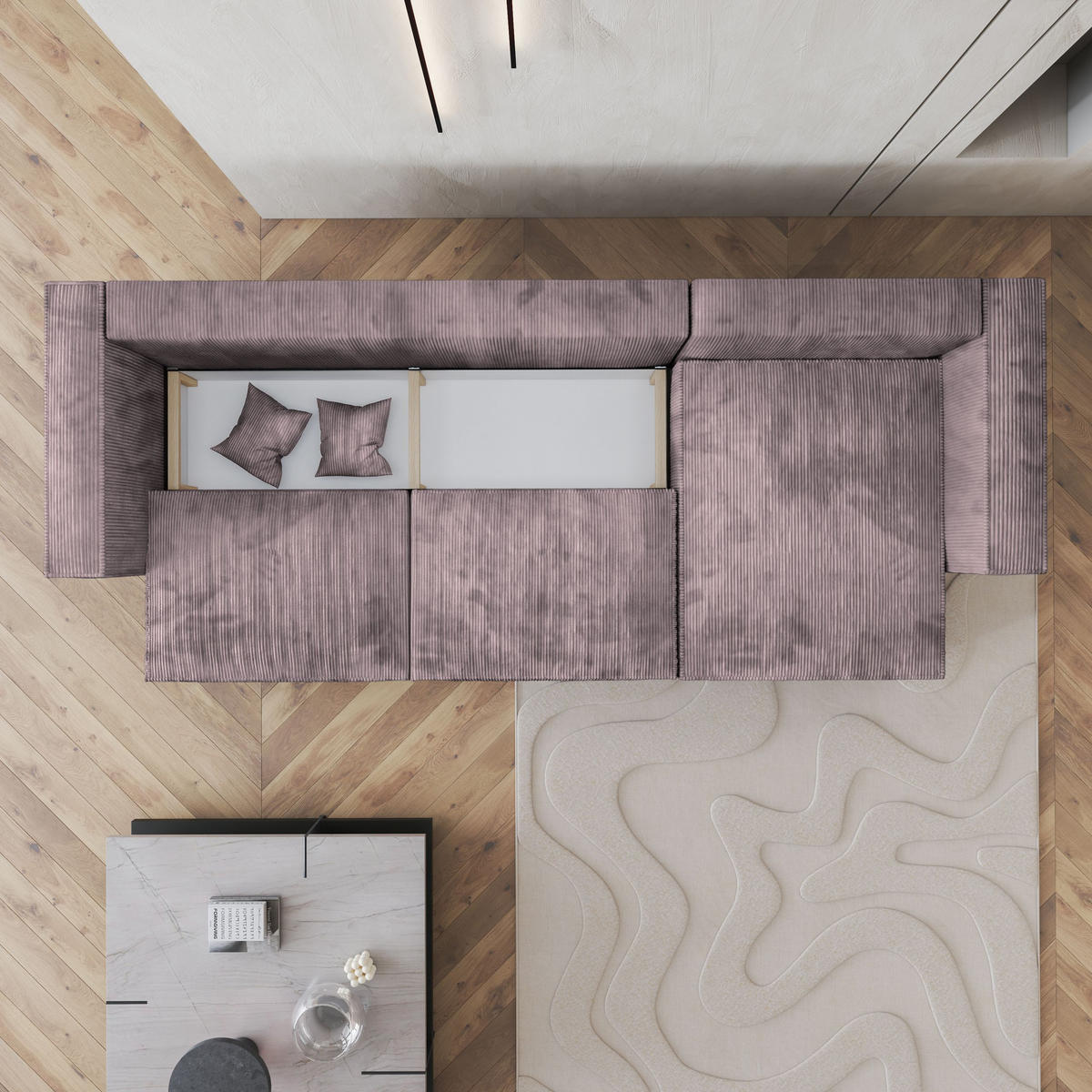 ECKSOFA TOLMO P Lila Kordstoff mit Schlaffunktion - Lila, Holz (347/148cm) - MASSENO