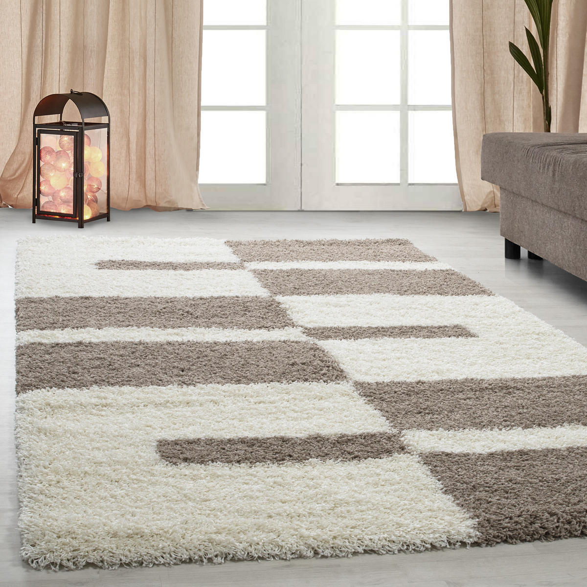 TEPPICH Hochflor Shaggy Karo Design Polypropylen Wohnzimmer Beige Rechteckig 280x370 - Beige, Textil (280/370cm) - KADIMA DESIGN