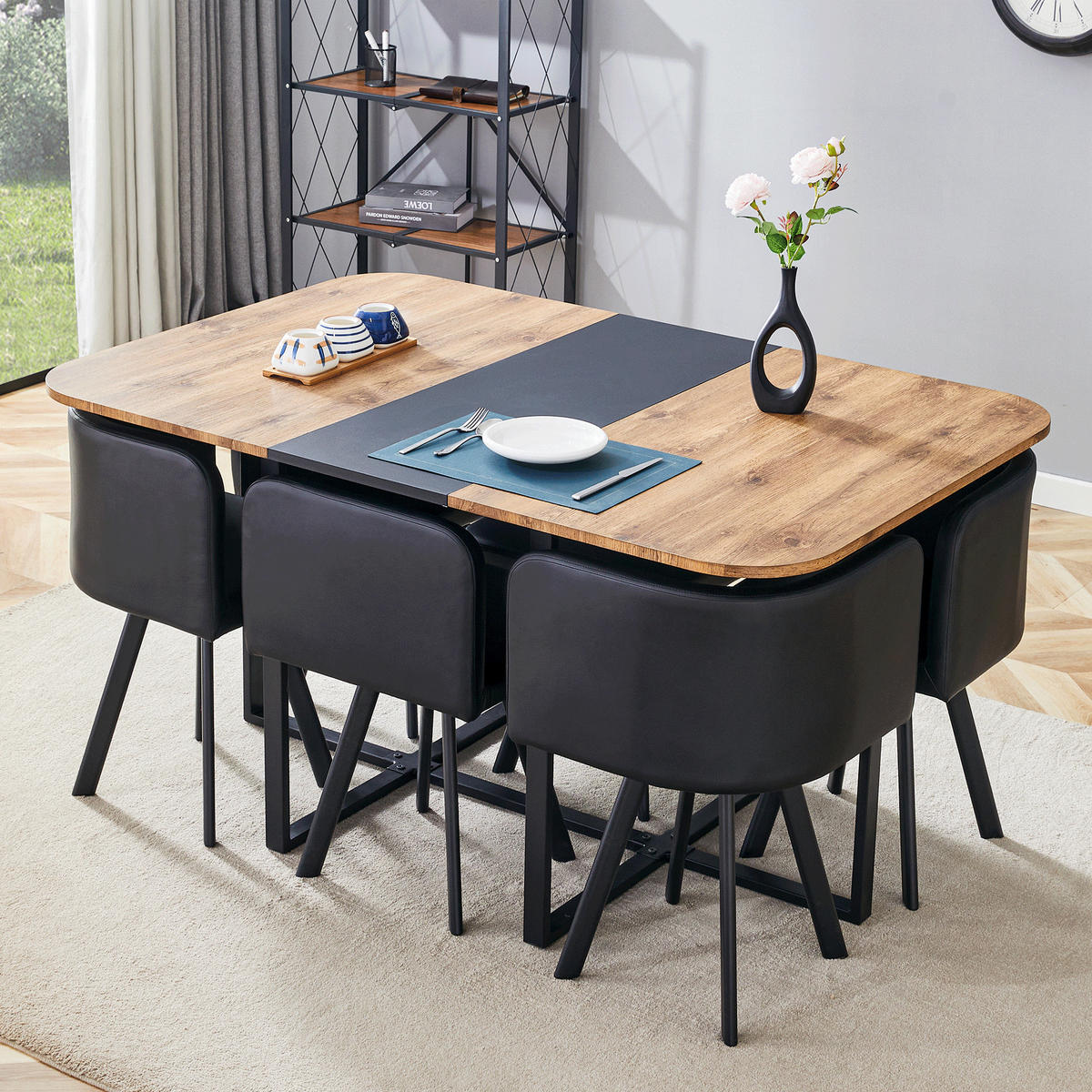 ESSGRUPPE DE-39495 ausziehbar, mit 4 Stühlen und Metallgestell Holzoptik/Schwarz - Schwarz/Naturfarben, Holzwerkstoff (150/79/100cm) - ComfortXL