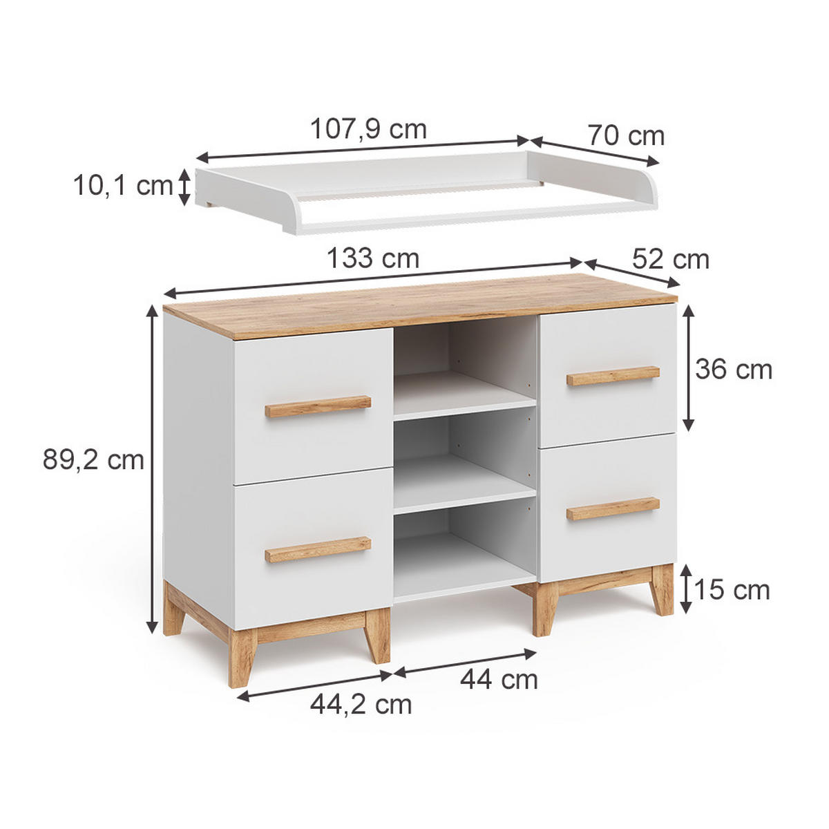 WICKELKOMMODE Malia Weiß/Artisan 133 x 98 cm XL mit 4 Schubladen - Hellgrau/Weiß, Holzwerkstoff (133/98/70cm) - VitaliSpa