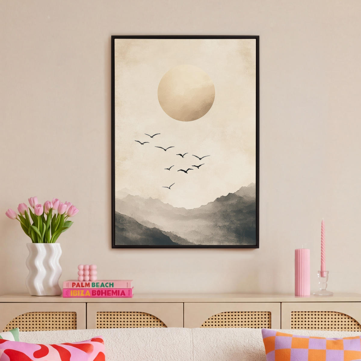LEINWAND Bilder mit Rahmen - Landschaft - Japandi - Vogel - 60x90 - Beige, Textil (60/90cm) - MuchoWow