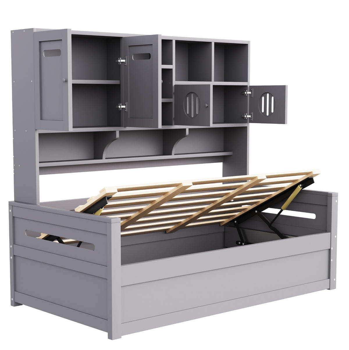 BETT 90/200 cm Grau mit hydraulischem Stauraum und Kopfteilregal - Grau, Holz (90/200cm) - Flora Grace