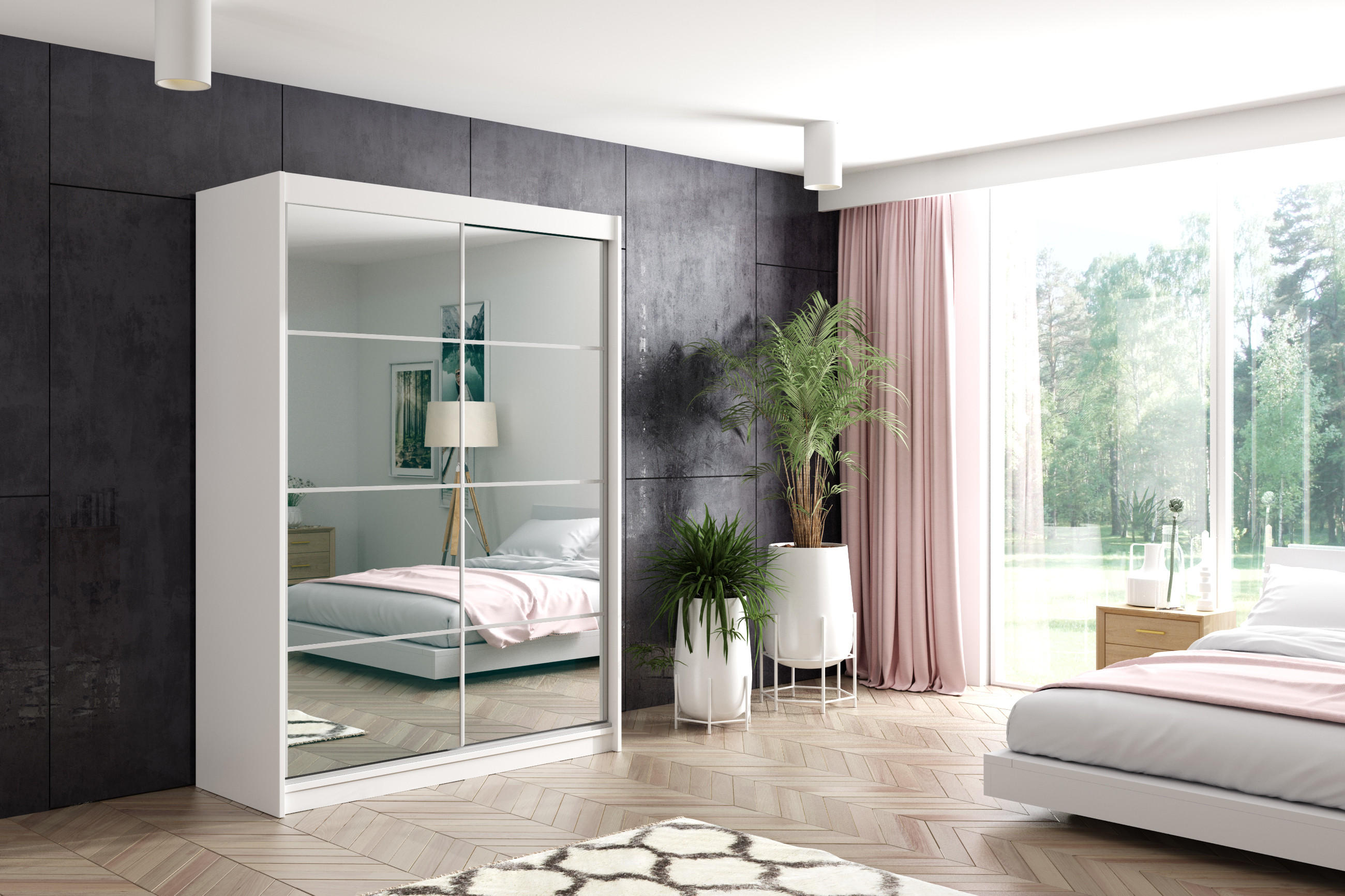 KLEIDERSCHRANK mit Spiegel-Schiebetüren und Aluminium-Leisten, LED-Beleuchtung - VIVI - 160 cm Weiß - Weiß, Holzwerkstoff (160/216/61cm) - ALTDECOR