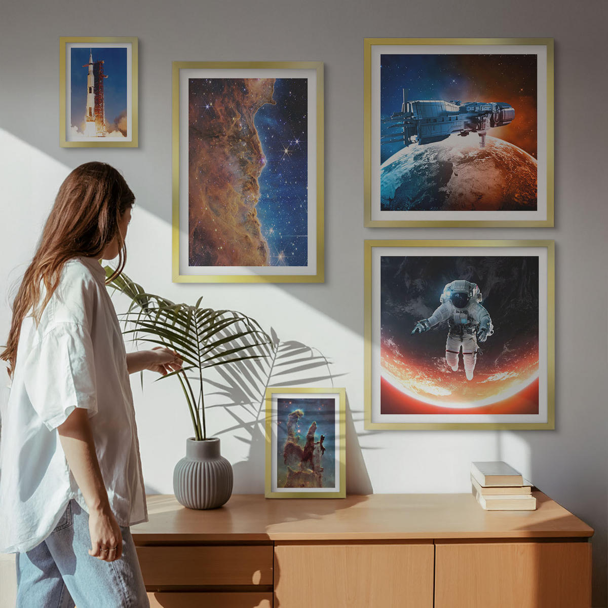WANDBILDER 5er Set - 50x50 cm & 20x30 cm & 40x60 cm Goldrahmen - Farbenfrohes abstraktes Porträt - Goldfarben, Kunststoff (40/60cm) - ArtPrintCave