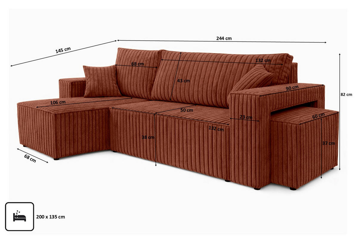 ECKSOFA Mit Schlaffunktion Und Pouf, Cordstoff Tilia, Kupfer, Links, Best L Mit Pouf - Orange, Holz (244/145cm) - Kaiser Möbel