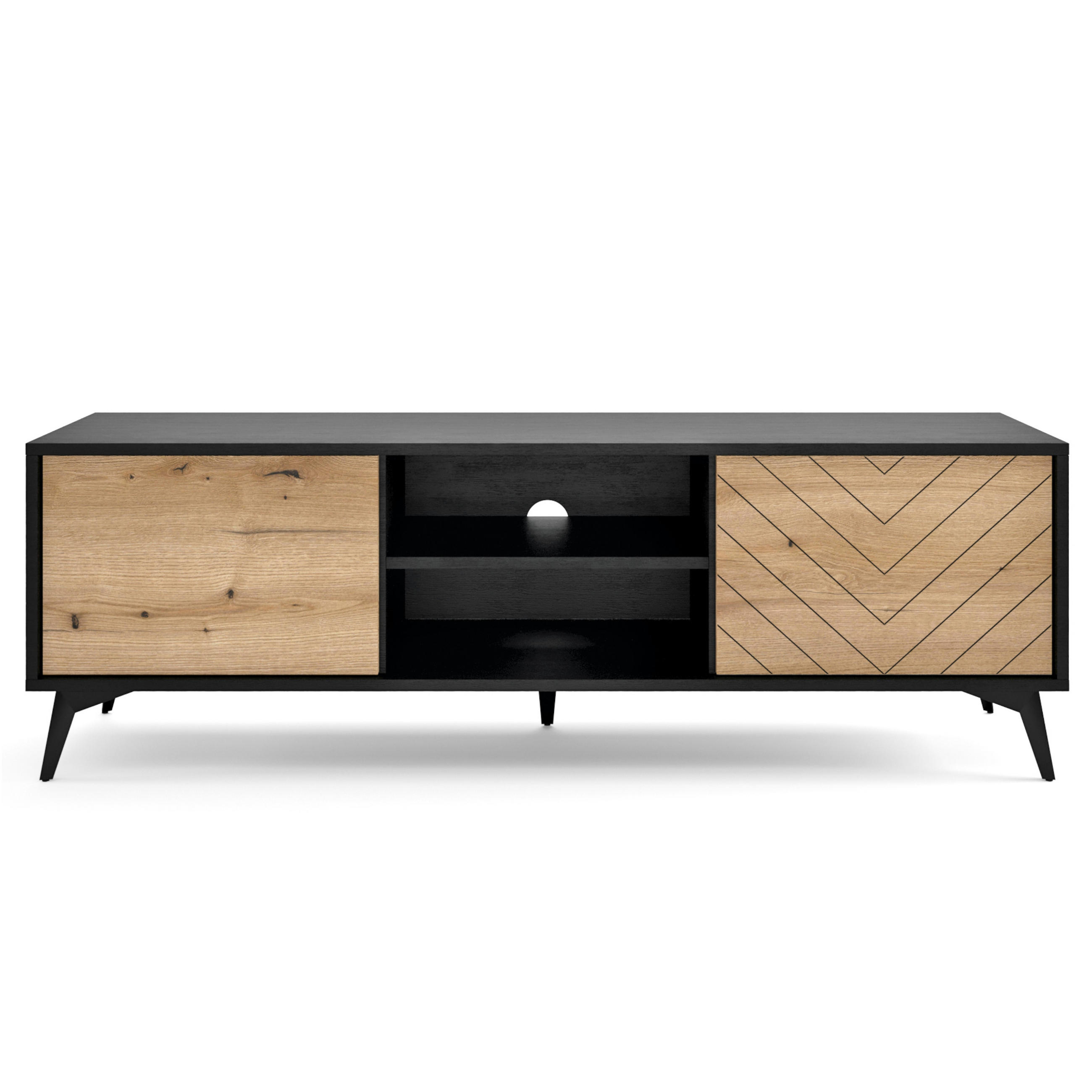 LOWBOARD Jasper 154 cm – Schwarz, Holz - Eichefarben/Schwarz, Glas/Holzwerkstoff (154/50/39cm) - Komodee