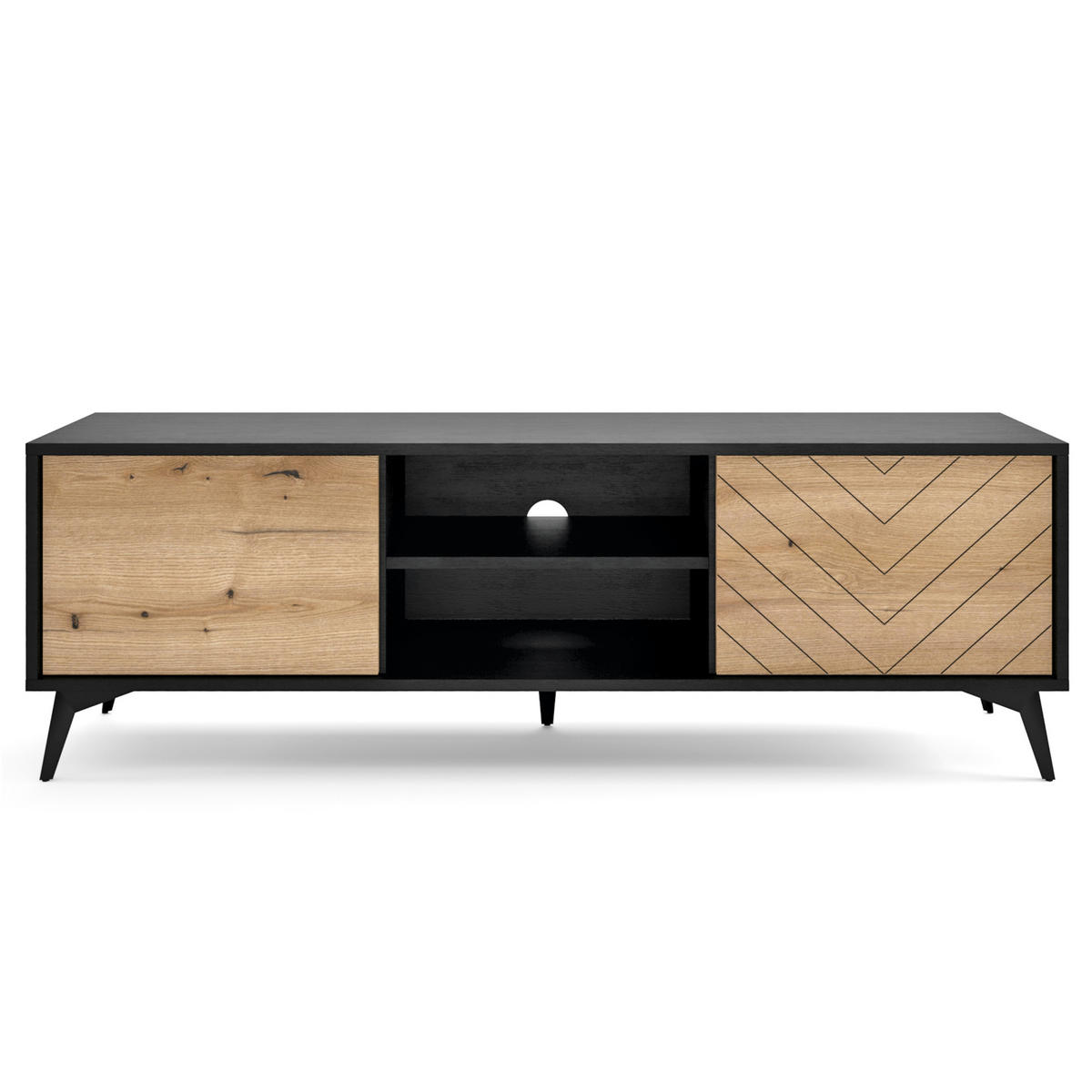 LOWBOARD Jasper 154 cm – Schwarz, Holz - Eichefarben/Schwarz, Glas/Holzwerkstoff (154/50/39cm) - Komodee
