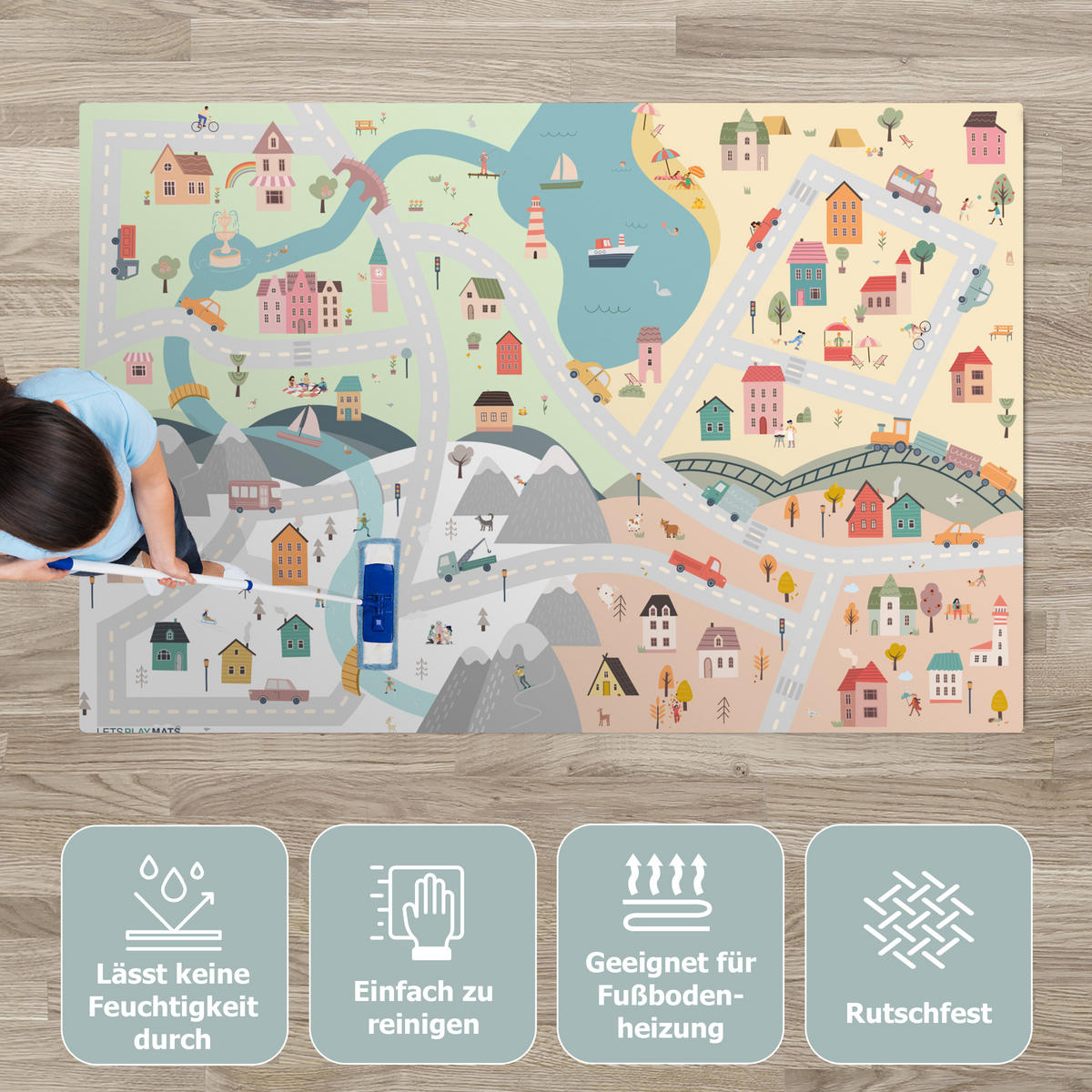 KINDERTEPPICH Jahreszeiten - Stadt - Häuser - Straße - Kinder - Auto 180x120 cm - Multicolor, Kunststoff (180/120cm) - MuchoWow