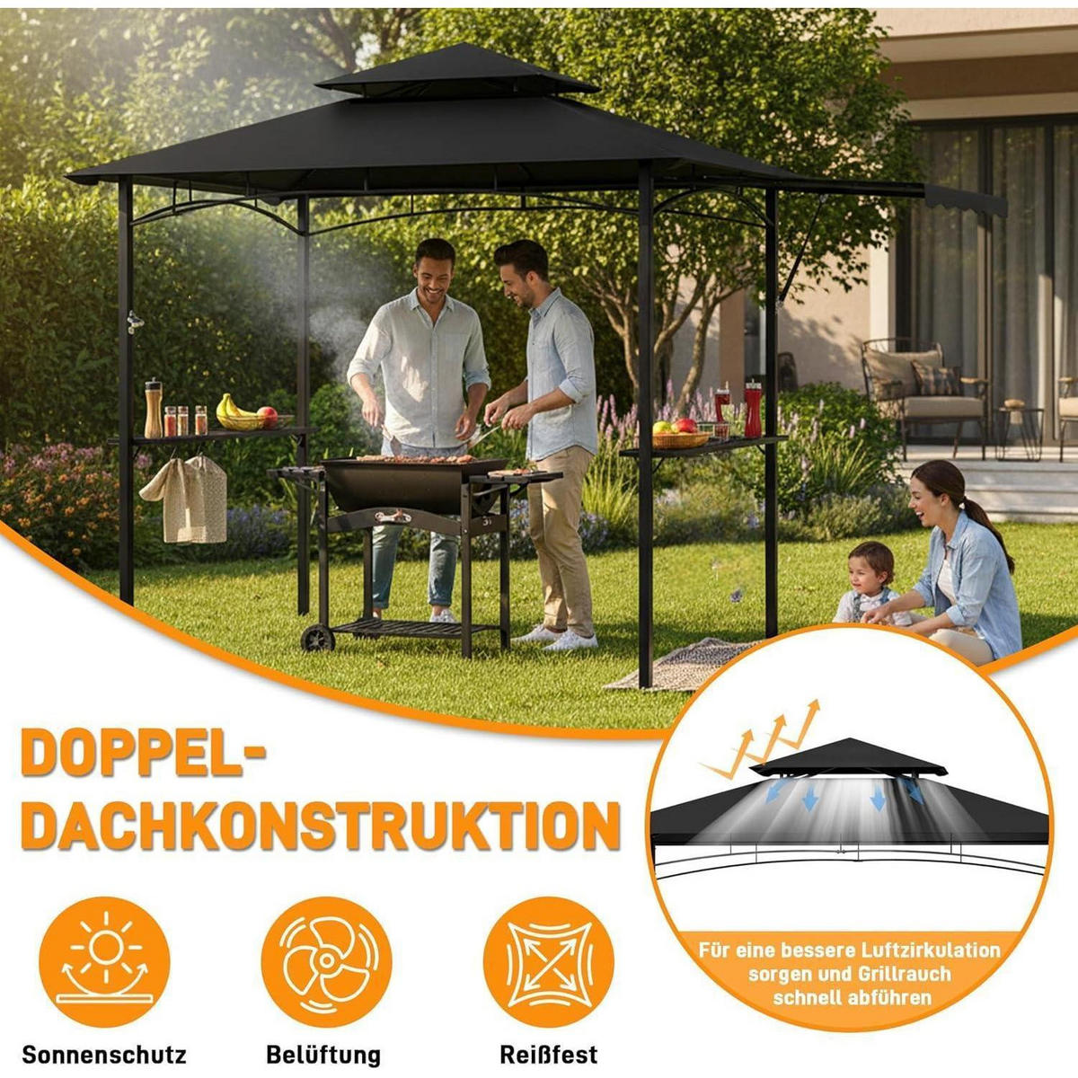 GRILLPAVILLON mit Seitenmarkise und Ablagen Schwarz - Schwarz, Metall (123/253/201cm)