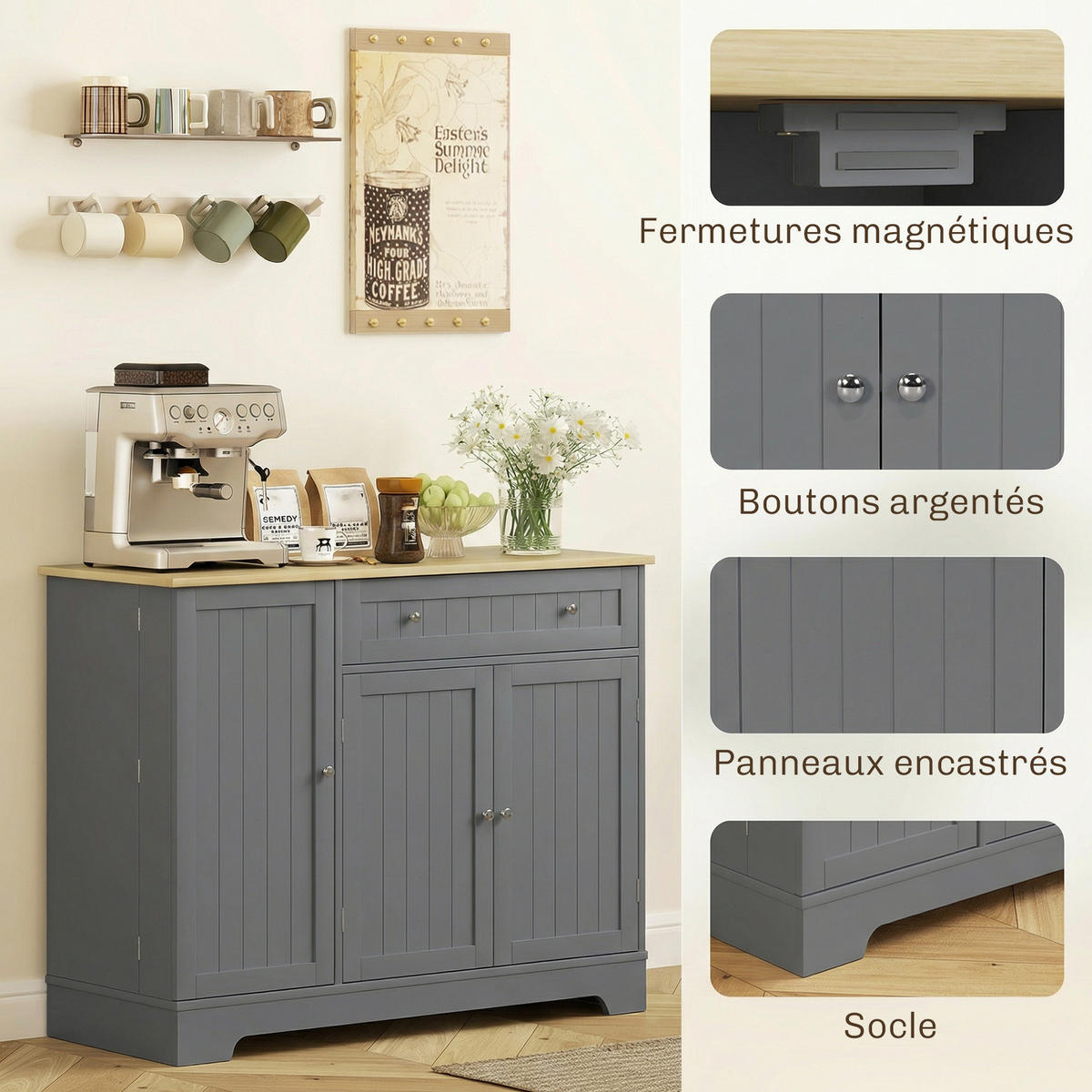 SIDEBOARD DE-11323 3 Türen & Schublade mit verstellbarem Boden Grau - Grau, Holzwerkstoff (105/83/40cm) - ComfortXL