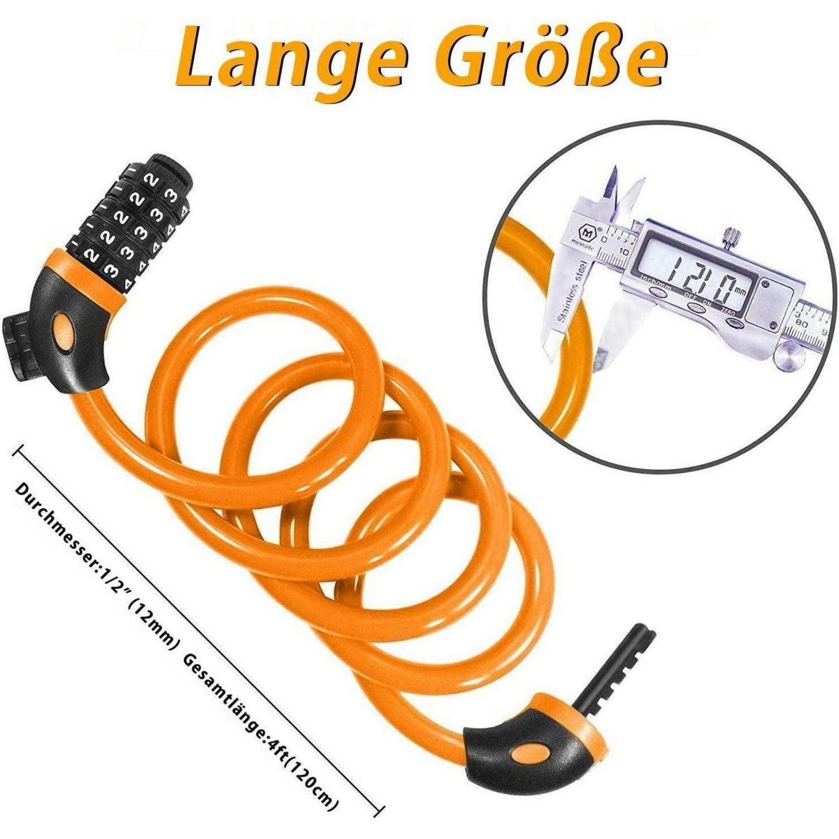 KABELSCHLOSS 120 cm mit Zahlencode und Halterung - Orange, Kunststoff (1.2/1.2/120cm)