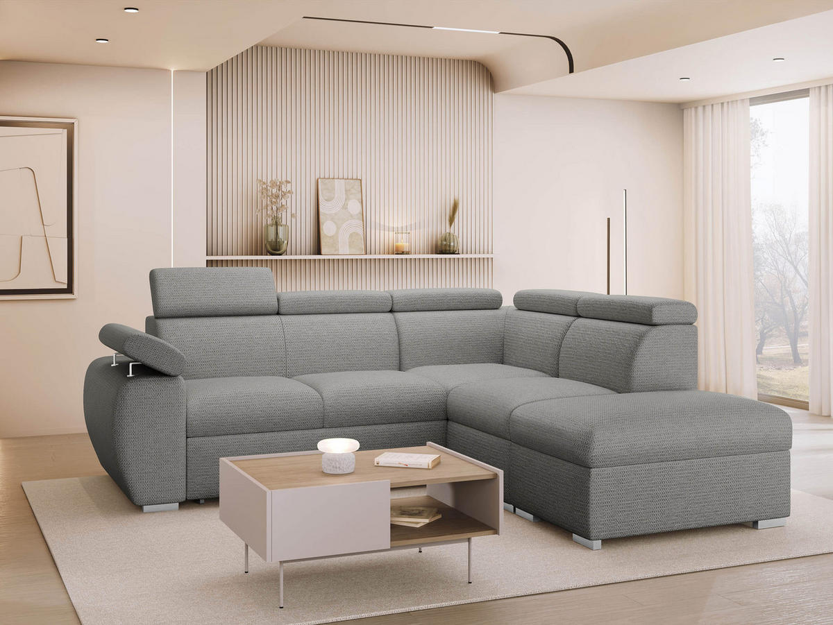 ECKSOFA Boston 2RR1P, Seite: Rechts 2R+R+1P(65)+PUFAP - Greige/Silberfarben, Holz/Textil (260/230cm) - MIRJAN24