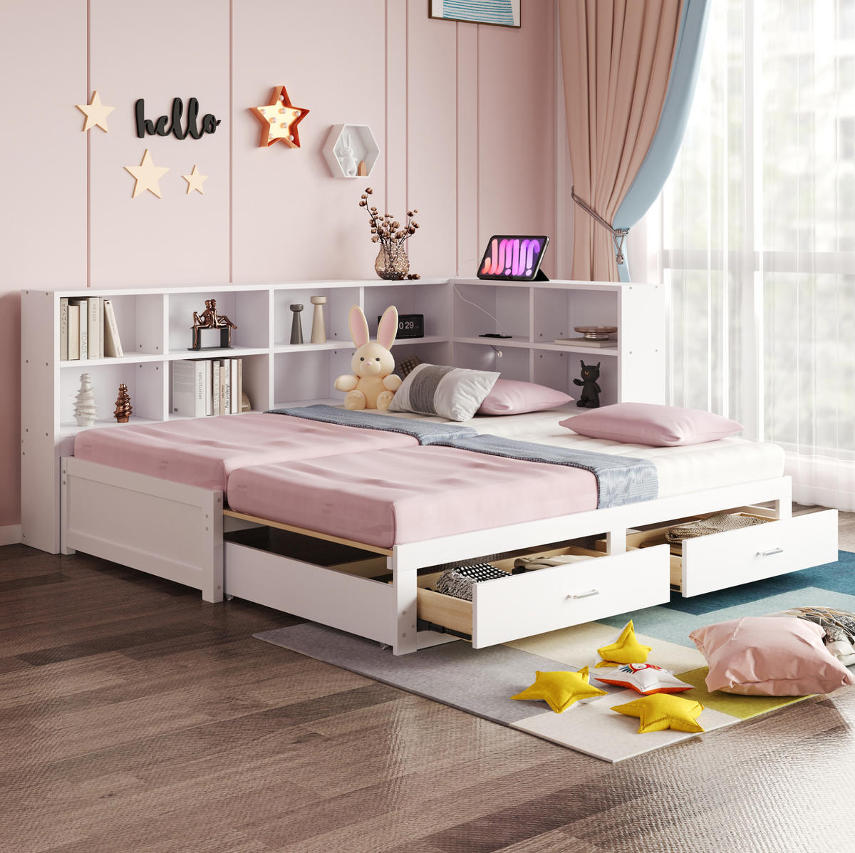 BETT aus Holz 90/180 cm Weiß mit Stauraum, Schubladen und Multifunktionssteckdose - Weiß, Holzwerkstoff (90/190cm) - Modfu