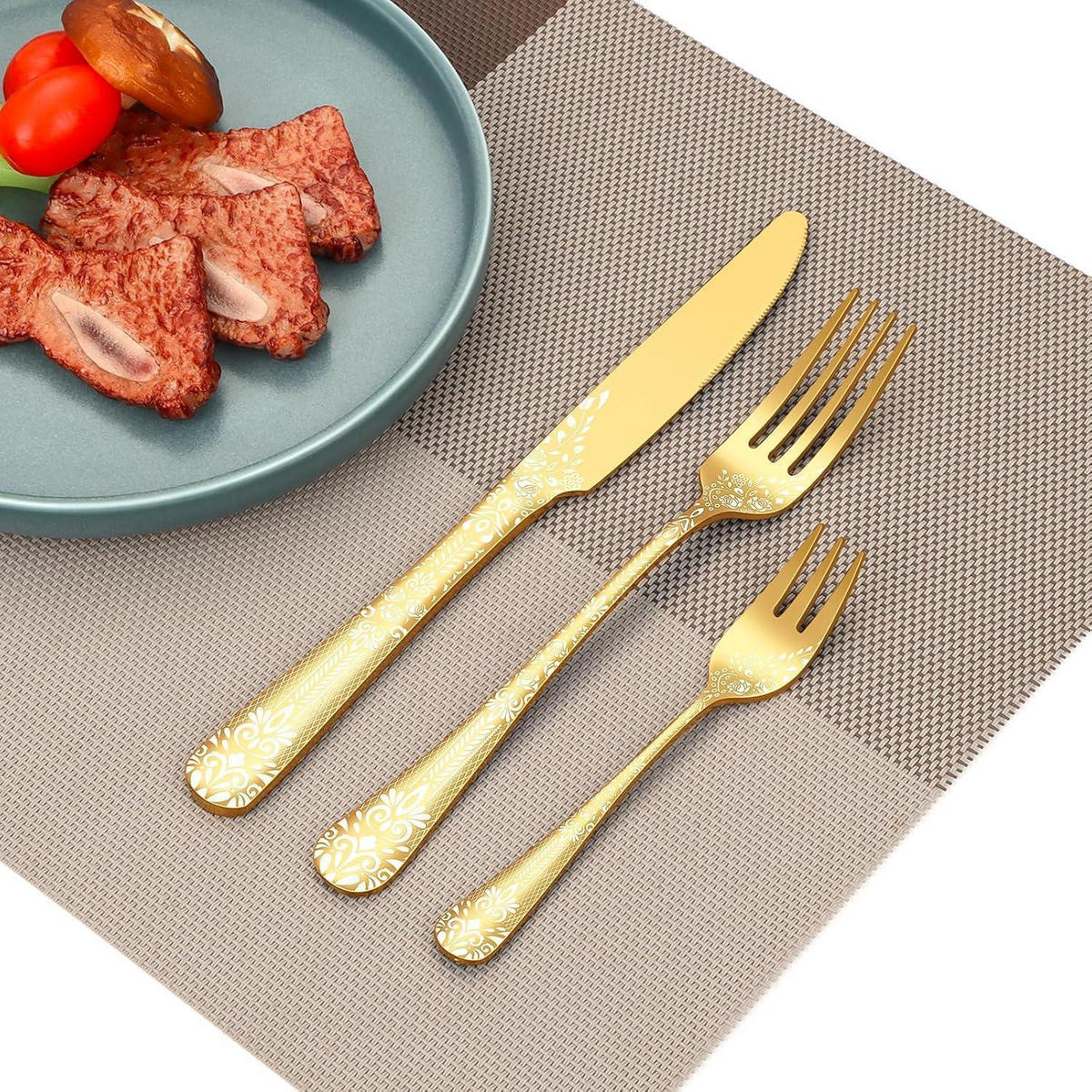 BESTECKSET 30-teilig für 6 Personen Gold Blumenmuster Edelstahl - Goldfarben, Metall