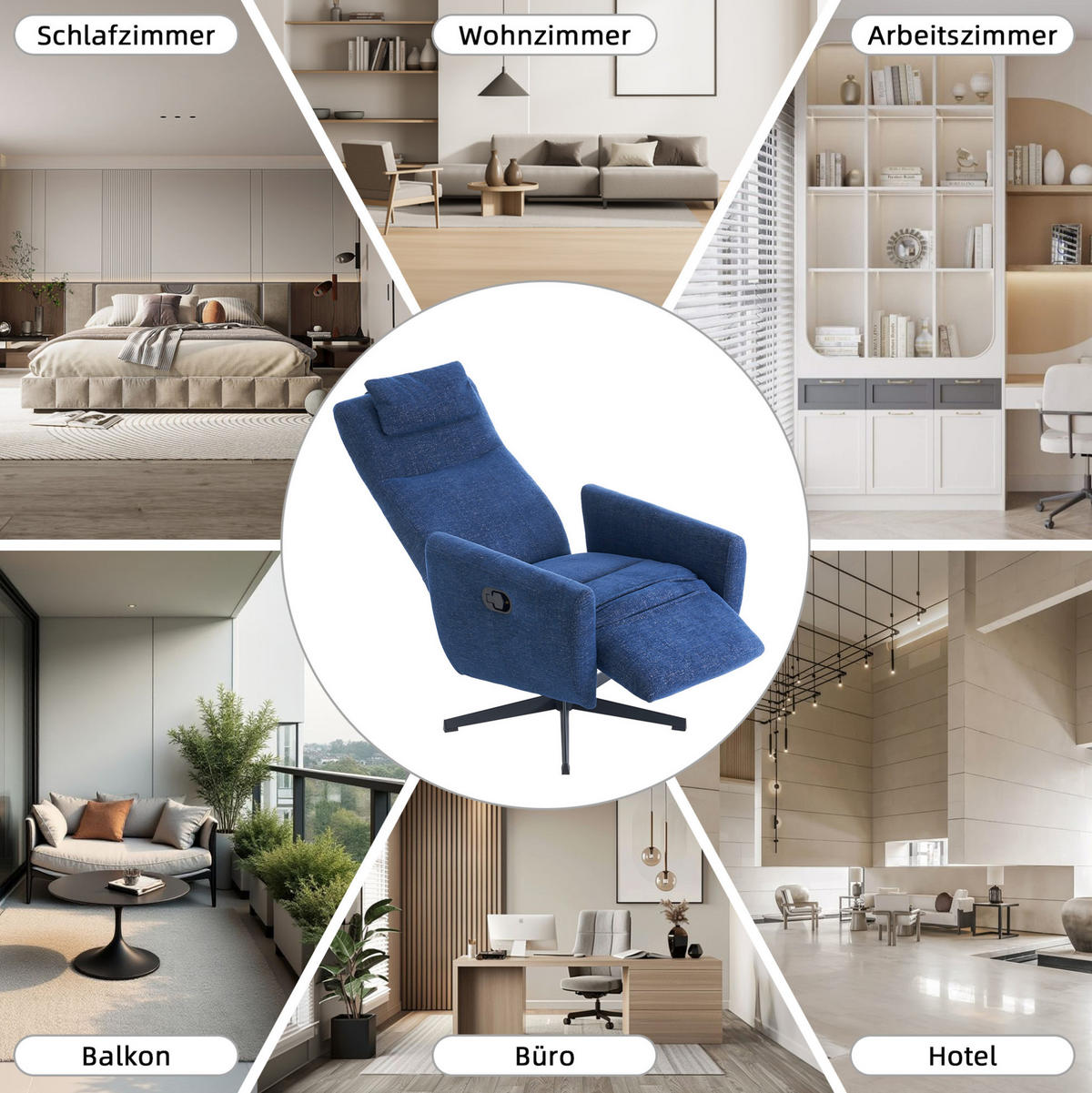 RELAXSESSEL 67/80,5/110 cm mit Fußteil und 360°-Drehfunktion - Blau, Textil (80.5/110/67cm) - BEAOK