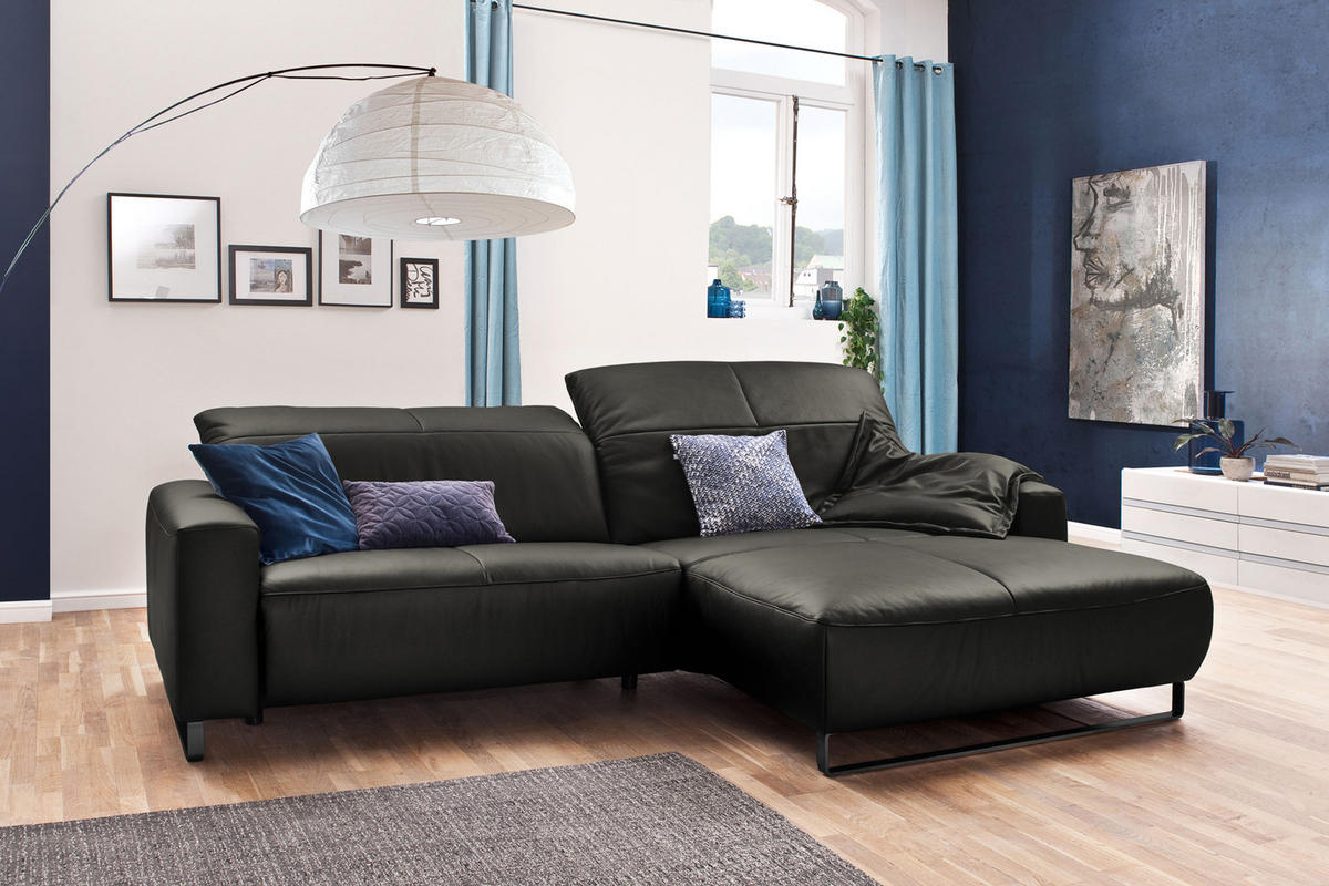 ECKSOFA MIT SITZTIEFENVERSTELLUNG YORK Granit Leder - Dunkelgrau/Schwarz, Leder (284/180cm) - KAWOLA