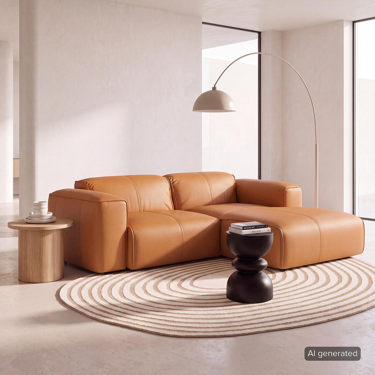 ECKSOFA mit XL-Longchair - Cognac/Schwarz, Leder/Kunststoff (260/171cm) - home24