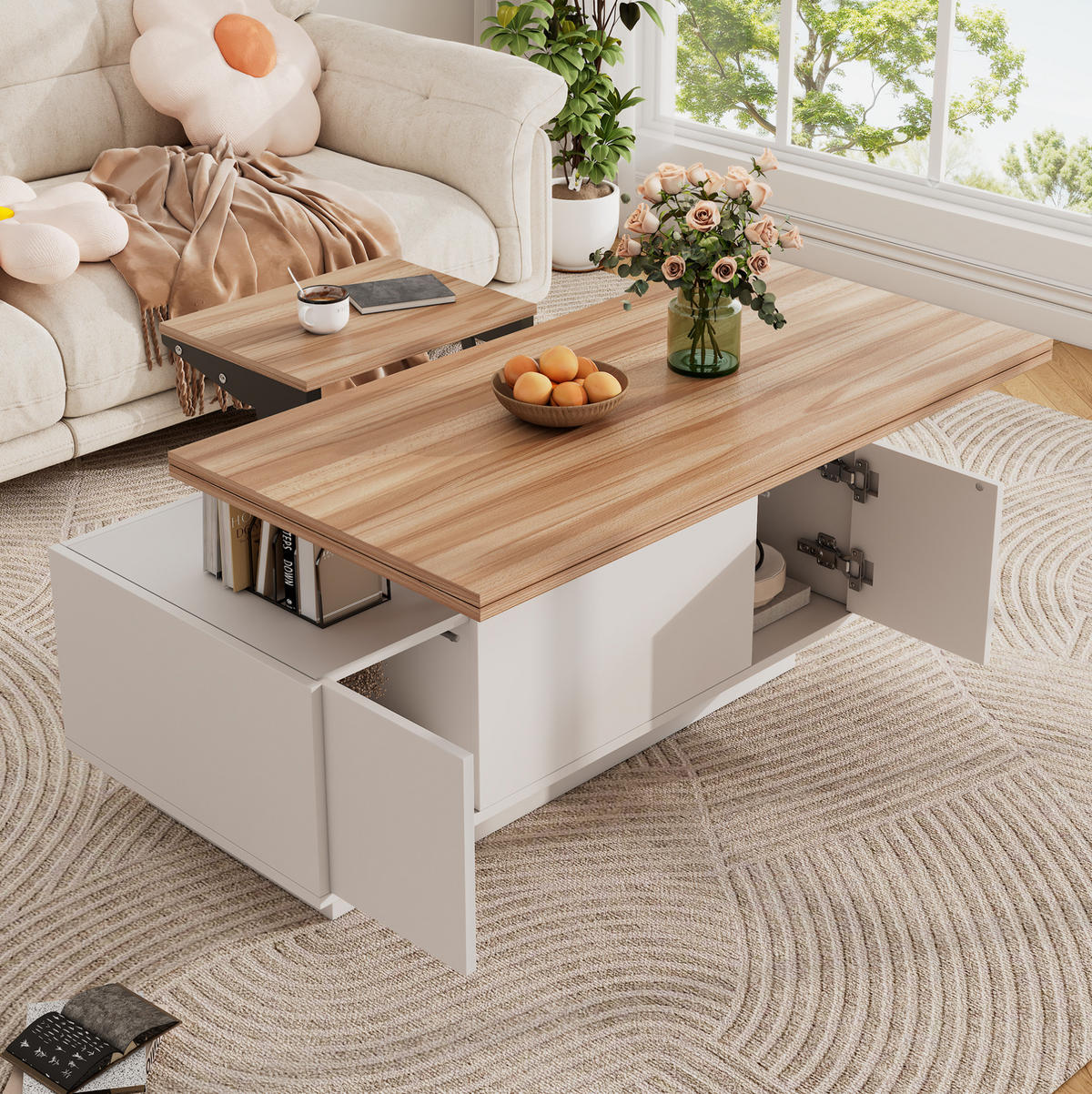 COUCHTISCH aus Spanplatte 100x50x55,5 cm in Weiß mit 2 Hebeplatten - Weiß, Holzwerkstoff (100/50/55.5cm) - Modfu