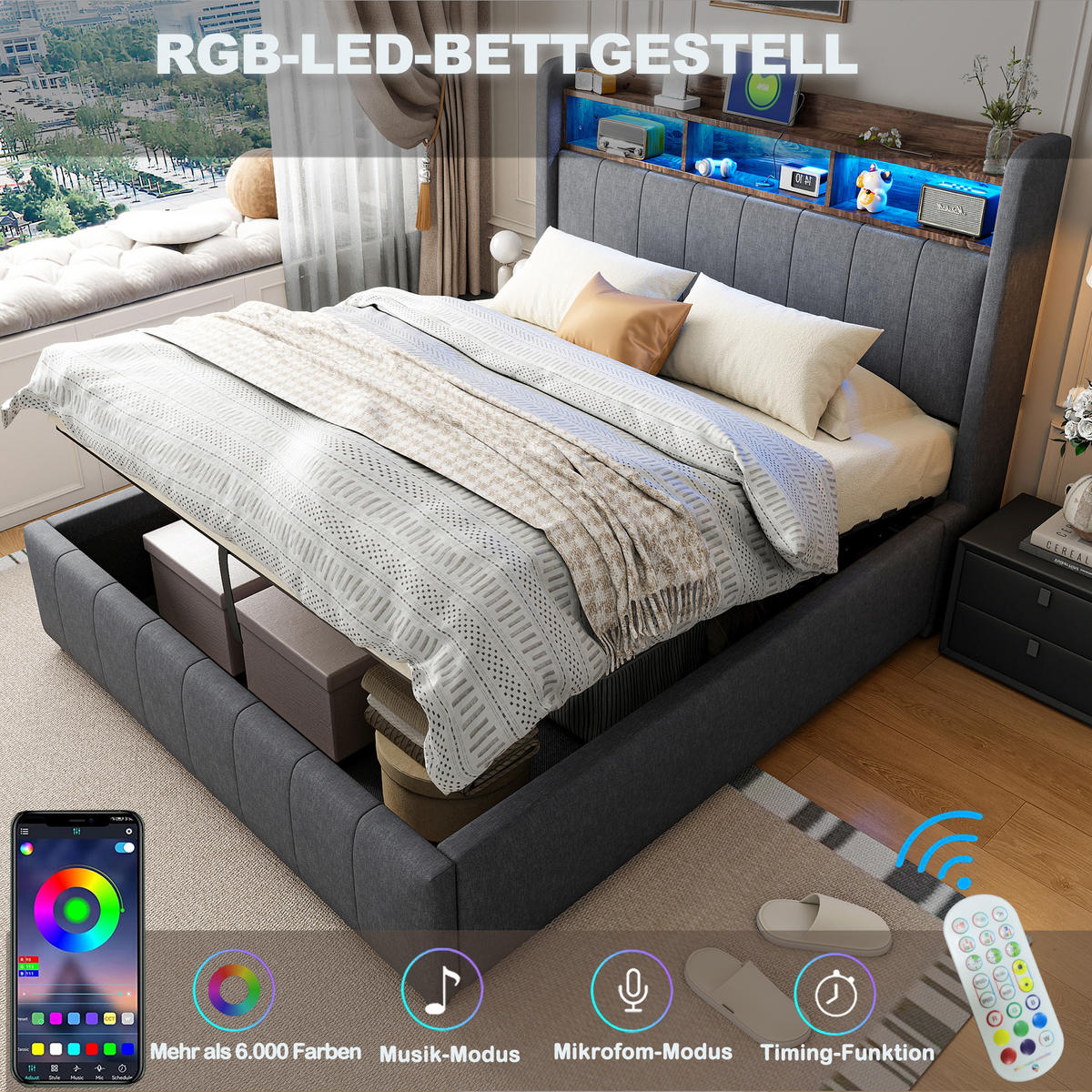 POLSTERBETT 180x200 cm LED USB Stauraum grau - Grau, Textil (180/200cm) - LEBENLANG