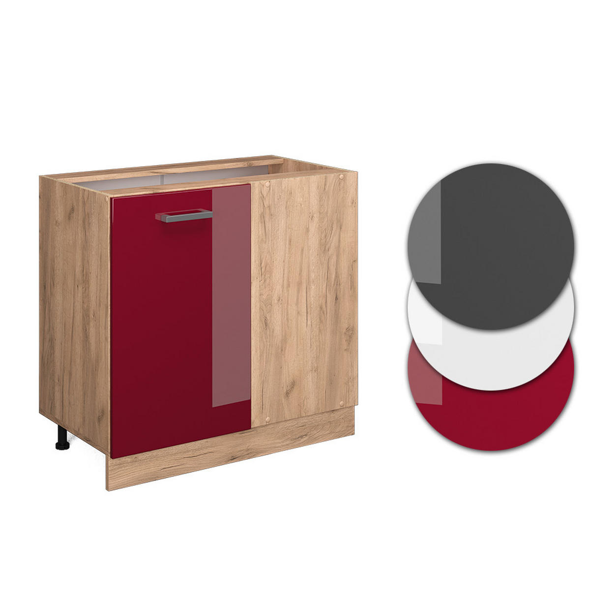 ECKUNTERSCHRANK R-Line Rot Hochglanz 86 cm AP Marmor - Eiche Wotan/Rot, Holzwerkstoff (86/81.6/60cm) - Vicco