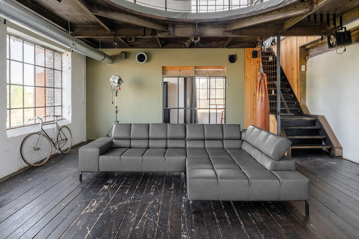ECKSOFA NELSON Anthrazit Leder Relaxfunktion - Anthrazit/Schwarz, Leder/Metall (321/216cm) - KAWOLA