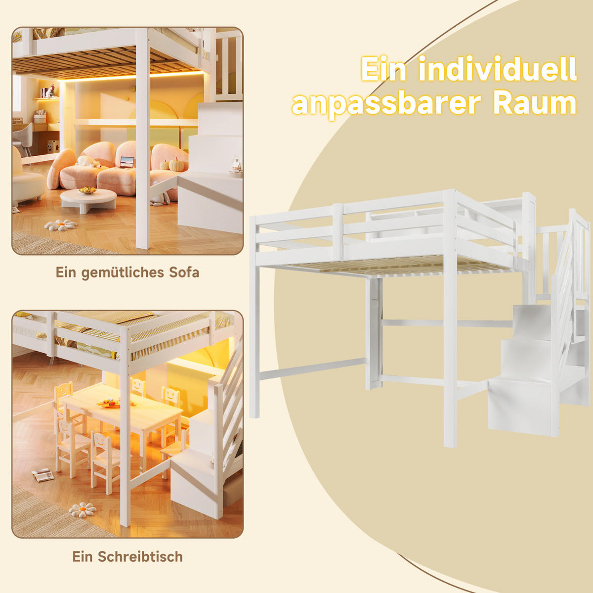 HOCHBETT 140x200 cm in Weiß mit LED-Beleuchtung und Stauraumtreppe - Weiß, Holz (140/200cm) - IVMEU