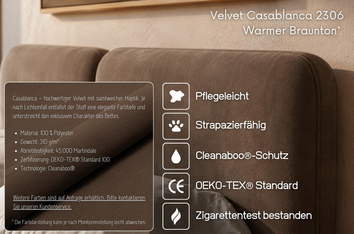 MASSIVHOLZBETT Eyko MAUI, 180/200, Buche - lackiert, Samt-Kopfteil Braun - Buchefarben/Braun, Holz/Textil (180/200cm)