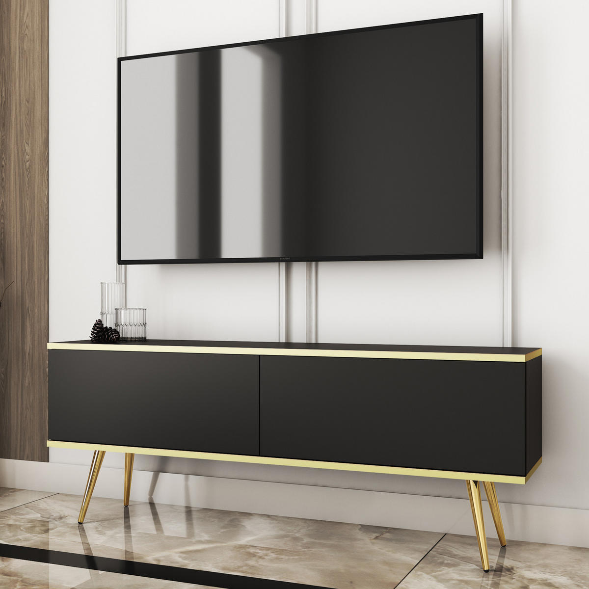 TV-LOWBOARD FORNO (Schwarz, Goldene Details, 2 Türen, goldene Metallfüße, 135 cm) - Gelb/Goldfarben, Holz/Holzwerkstoff (135/53/32cm) - Ravio