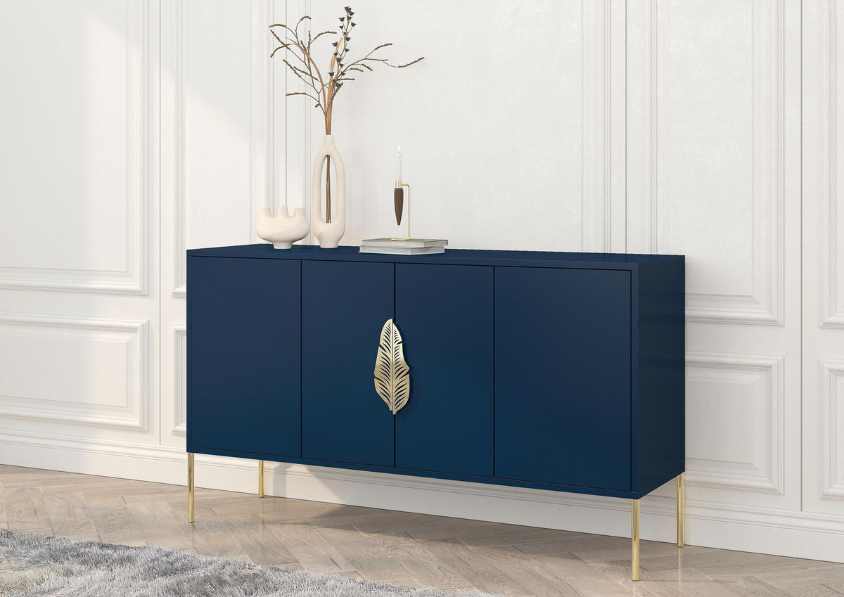 SIDEBOARD Merlin, Marinblau, Goldene Details - Goldfarben/Dunkelblau, Holzwerkstoff/Metall (138/79/40cm) - Skandica