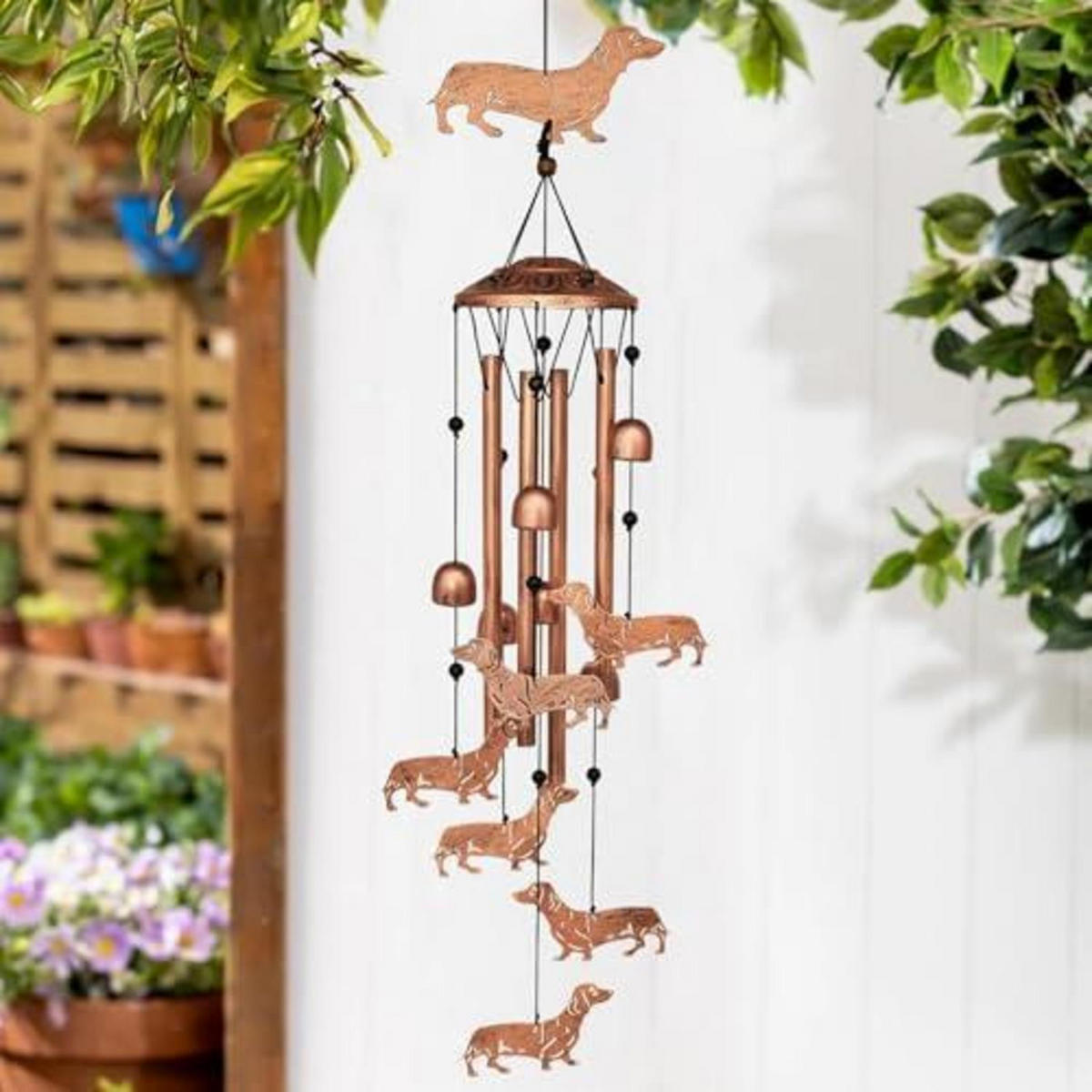 WINDSPIEL Dackel Metall Wetterfest Garten Deko - Bronzefarben, Metall (86.4/14/9.9cm)
