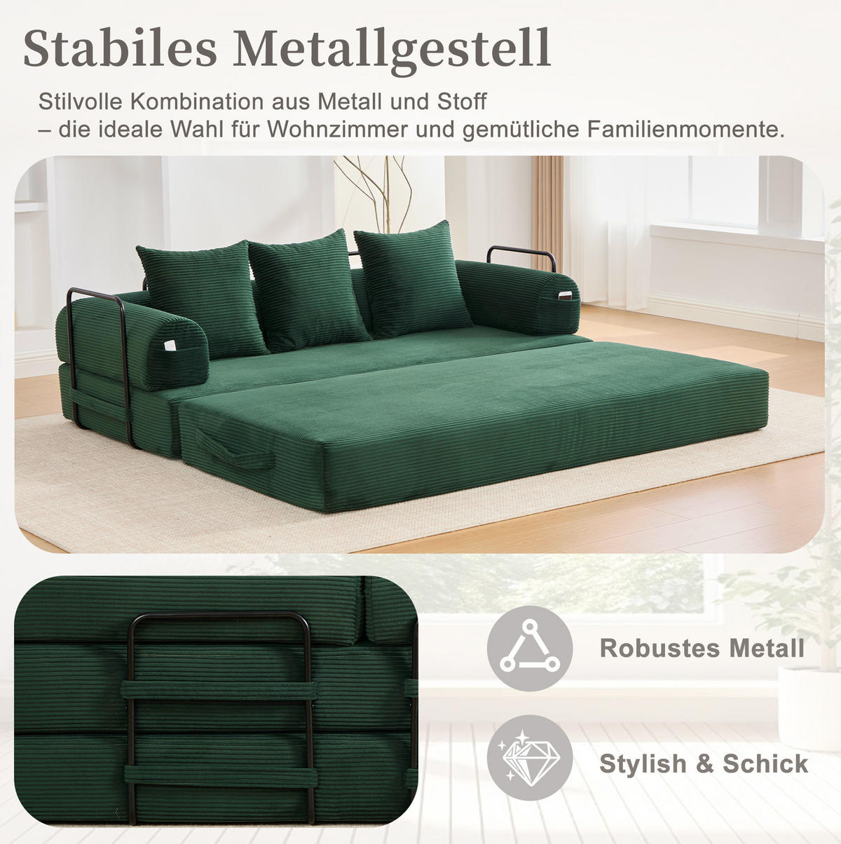 SOFA 200/94/67 cm aus Cord mit Metallgestell und 3 Kissen Emerald - Smaragdgrün, Textil (94/67/200cm) - Modenvie