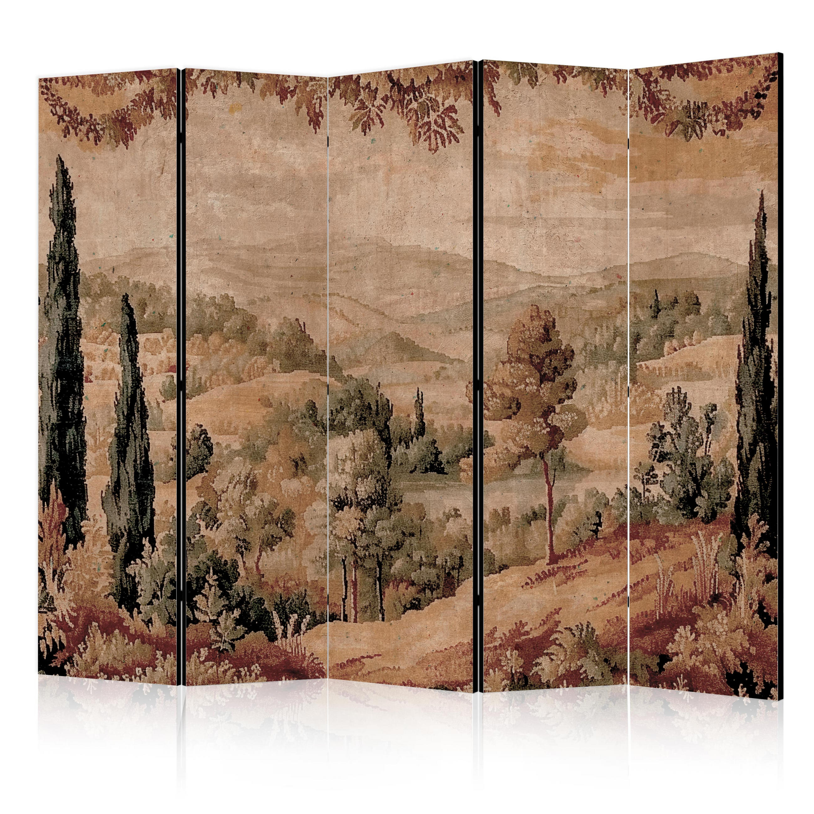 PARAVÁN Obojstranný 5-dielny 225x172 cm Retro Krajina - hnedá, drevo/textil (225/172/3cm) - Muralo