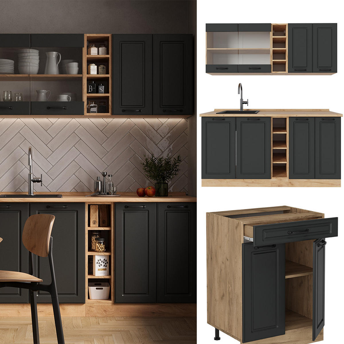 SINGLEKÜCHE R-Line Anthrazit Landhaus/Goldkraft Eiche 160 cm ohne Arbeitsplatte - Dunkelgrau/Anthrazit, Holzwerkstoff (160/81.6/46cm) - Vicco