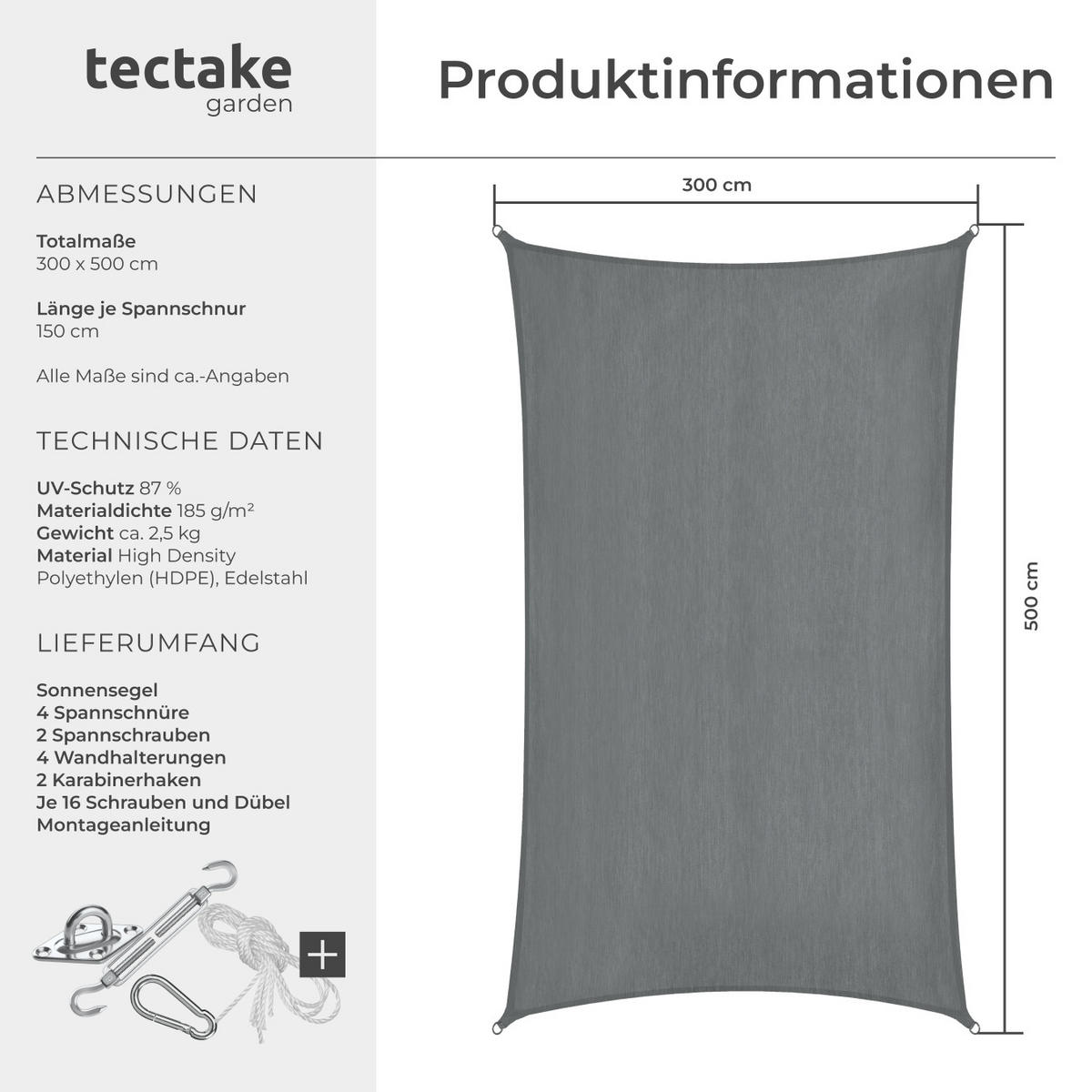 SONNENSEGEL Sunny,umfangreiches Montagematerial,grau - Grau, Kunststoff (500/300cm) - tectake