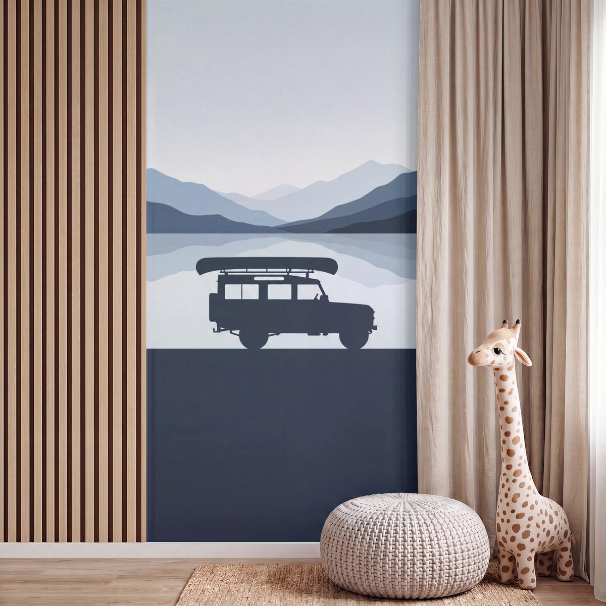 KINDERTAPETE - Auto - See - Berge - Blau - 140x280 cm - Blaugrau, Papier (140/280cm) - OnlyWow