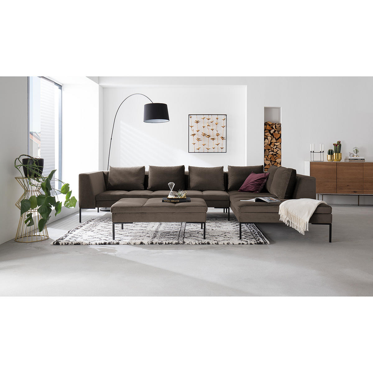 ECKSOFA mit Ottomane - Taupe/Schwarz, Textil/Metall (319/230cm) - home24