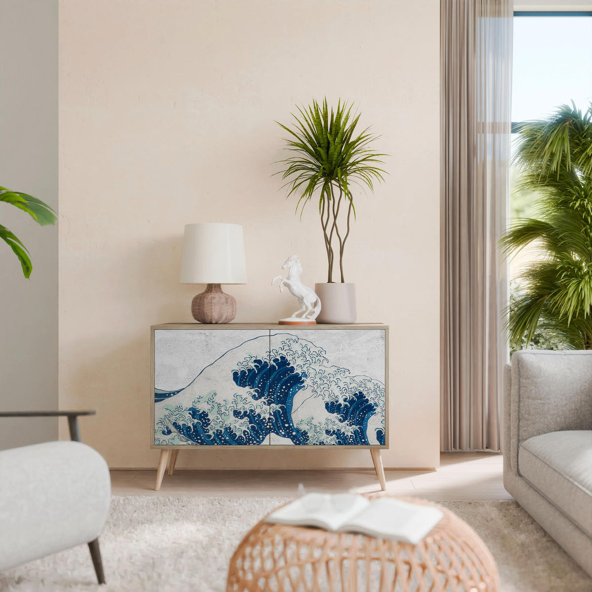 SIDEBOARD THE GREAT WAVE AT KANAGAWA, Eicheneffekt, 111x42x77,5 cm, 2 Türen - Eichefarben/Buchefarben, Holzwerkstoff/Buchenholz (111/77.5/42cm) - SpaceRebels