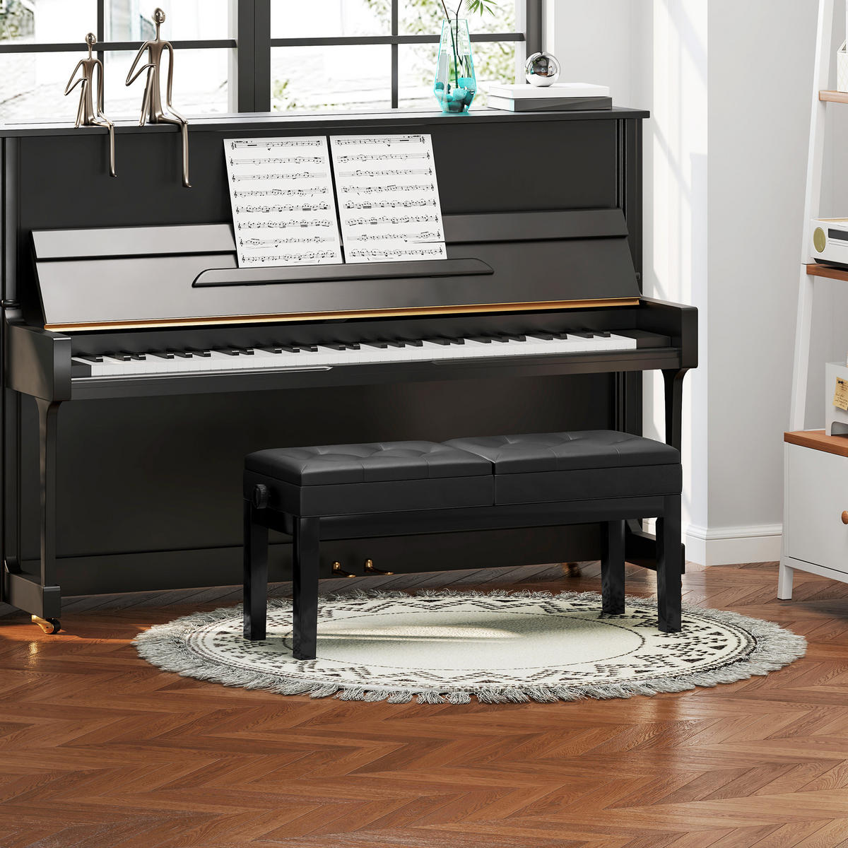 KLAVIERBANK DE-07143 verstellbarer Doppelsitz, Stauraum, bis 220 kg Schwarz - Schwarz, Holz (37/58/105cm) - ComfortXL