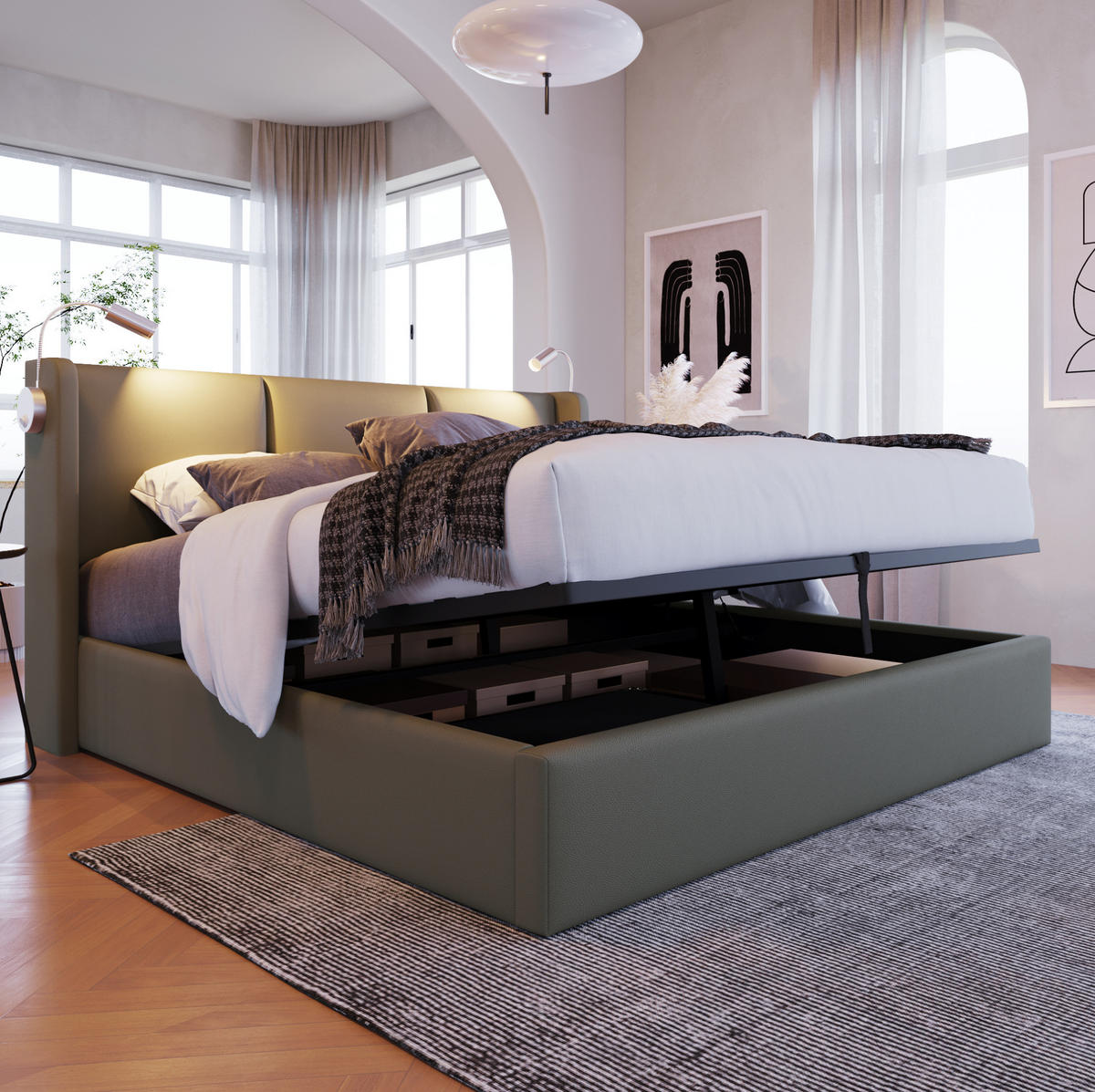 POLSTERBETT mit Bettkasten 140x200 cm PU Grau mit Leselicht & USB - Grau, Metall (140/200cm) - Meubliv