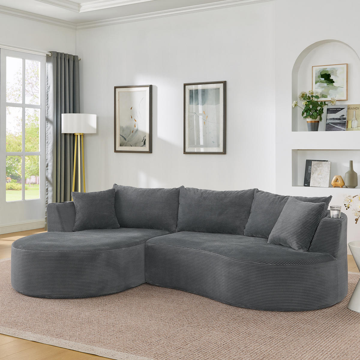3-SITZER ECKSOFA Cord Grau mit Getränkehaltern und Kissen - Grau, Textil (264/168cm) - WISHDOR