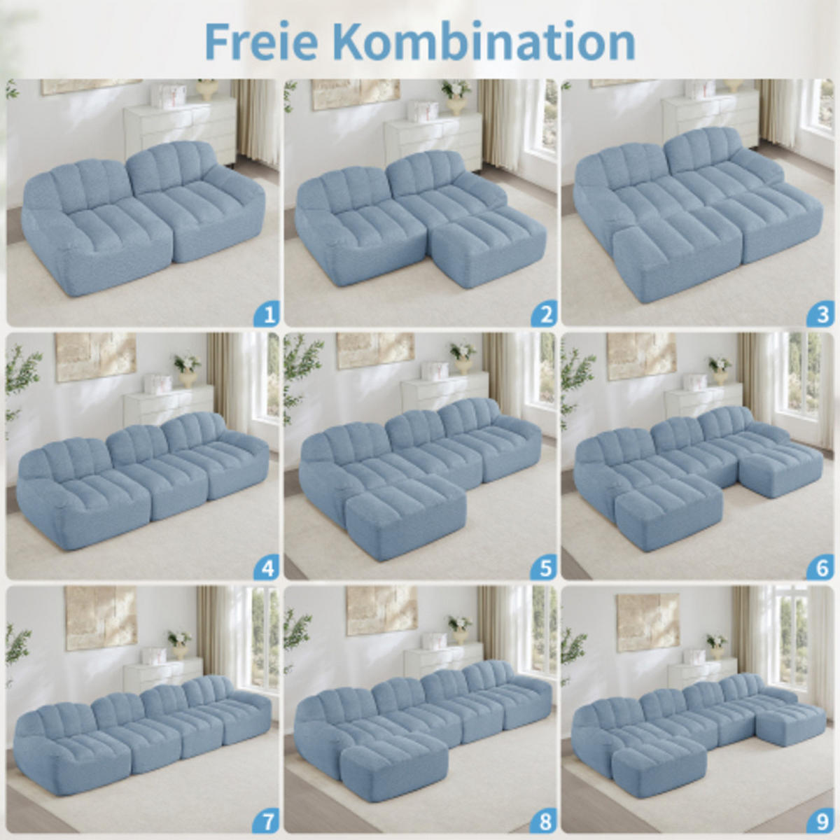 ECKSOFA 210×165×79 cm Granular Fleece rahmenlos modular mit 1 Ottoman, blau - Blau, Textil (165/210cm) - Luhomfu