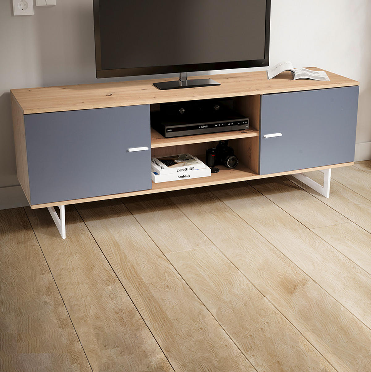 TV-LOWBOARD mit Eiche-Dekor und 2 Türen, modern, Braun-Grau 150x40x55 cm - Silberfarben/Braun, Holzwerkstoff/Metall (150/55/40cm) - KADIMA DESIGN