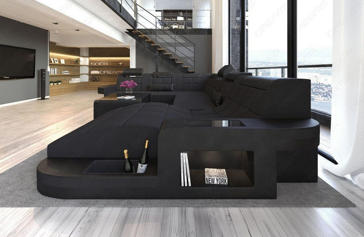 WOHNLANDSCHAFT Wave Schwarz Mikrofaserstoff - Schwarz, Kunststoff (379/80/274cm)
