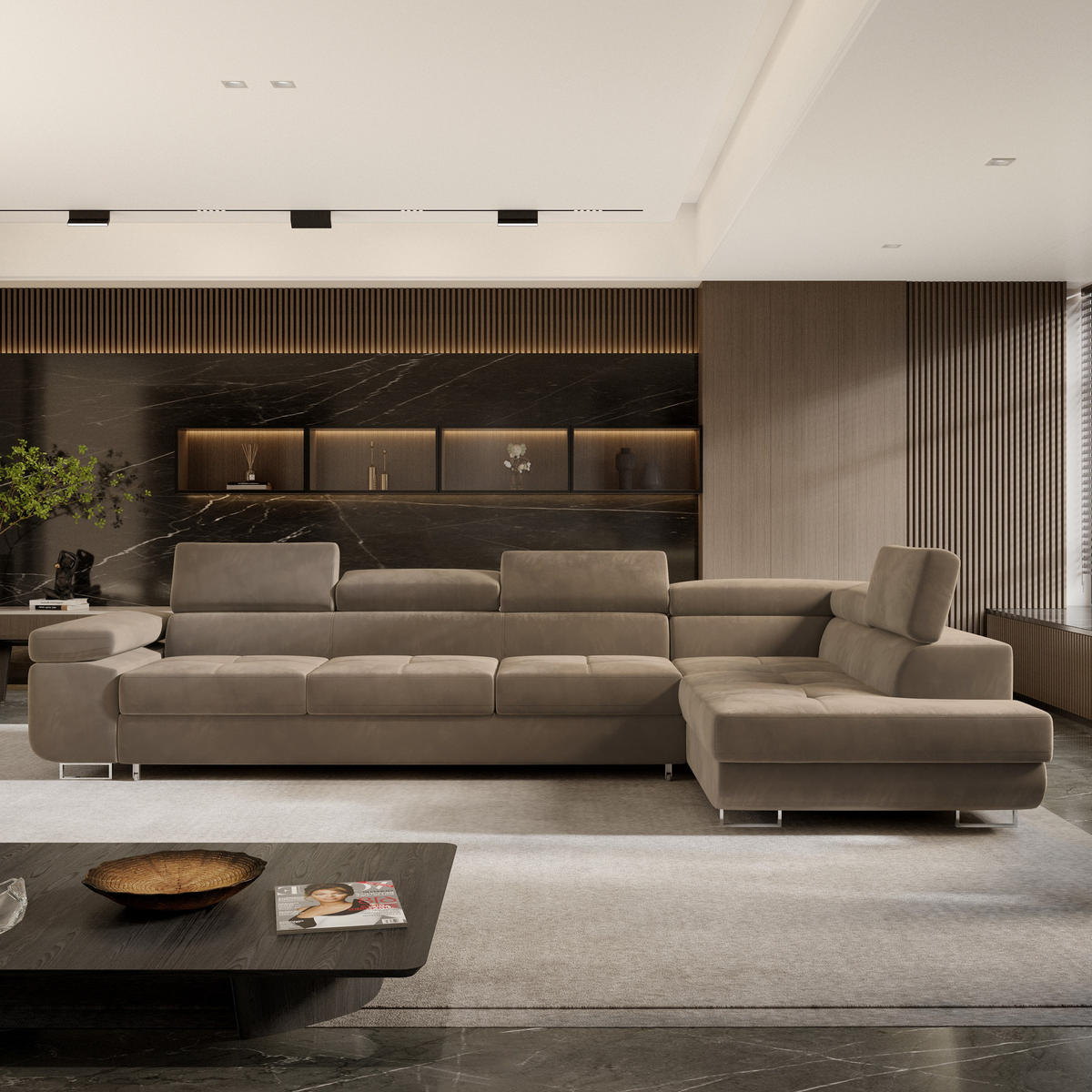 ECKSOFA VICENTE Beige Velours-Stoff mit Schlaffunktion - Beige, Holz (346/202cm) - MASSENO