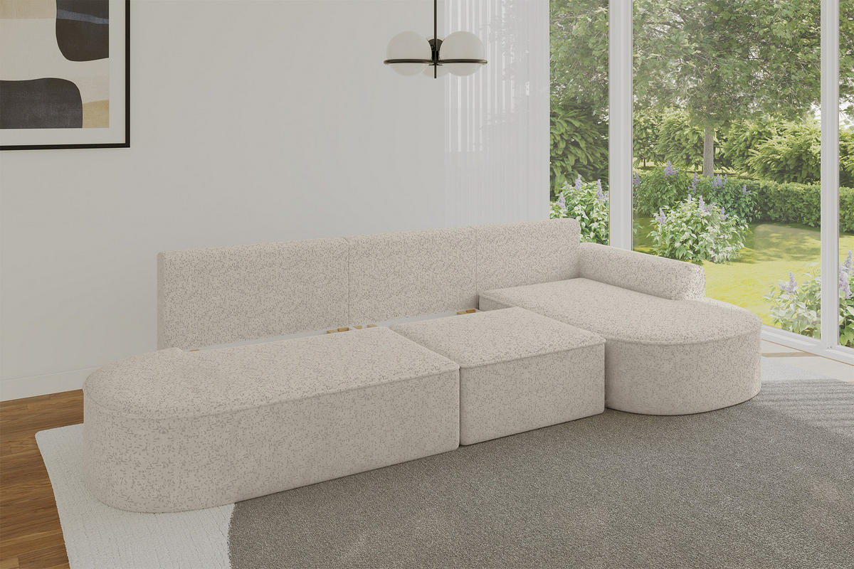 ECKSOFA mit Schlaffunktion Ottomane RECHTS MARI L2-S 368X167X85 Beige Velours - Ecru/Schwarz, Holzwerkstoff/Kunststoff (167/368cm) - ALTDECOR